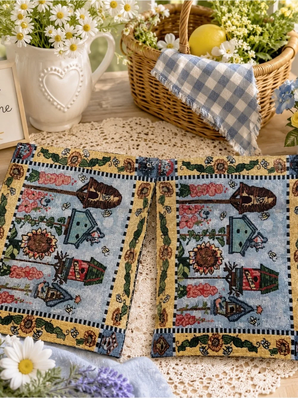 Embroidered Birdhouse Tapestry Placemat Pair SpringCore Farmhouse Kitchen Decor